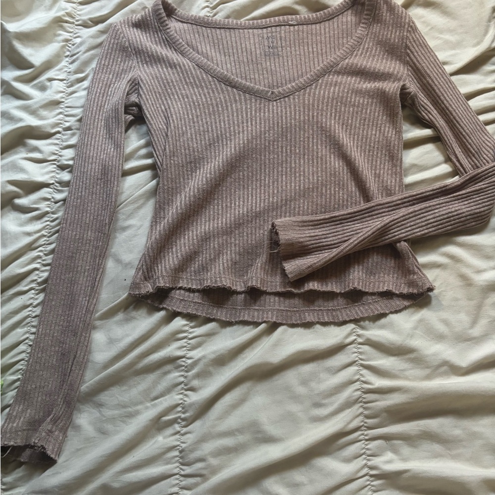 Ribbed V-Neck Long Sleeve Top - Brown